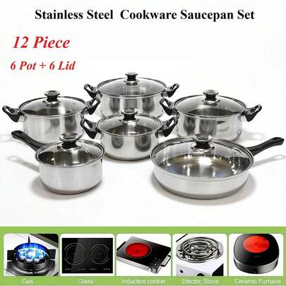 12 Piece Stainless Steel Cookware Saucepan Set Pan Pot Kitchen Cooking Glass Lid,Christmas Gift