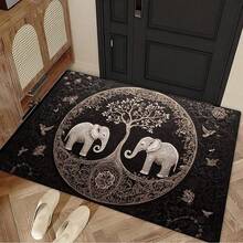 Anti-Slip, Washable Elephant & Tree Of Life Welcome Mat - Durable Polyester With Rubber Backing Entrance Rug For Living Room, Bathroom, Kitchen, Laundry, Patio - Perfect Home Decor - màu đen - Xem 3