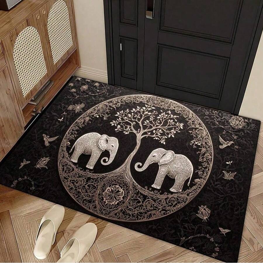 Anti-Slip, Washable Elephant & Tree Of Life Welcome Mat - Durable Polyester With Rubber Backing Entrance Rug For Living Room, Bathroom, Kitchen, Laundry, Patio - Perfect Home Decor - Black - View 1