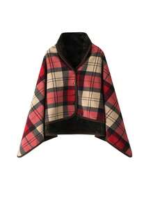 1pc Fleece Wearable Blanket, 80x135cm Plaid Lap Blanket, Comfortable Hooded Poncho With Buttons, Suitable For Bed, Sofa, Office, Gray & White Cozy Cloak With Buttons, Fuzzy Sleeveless Blanket, Women Shawl Wrap Suitable For Home, Office, Outdoor, Machine Washable