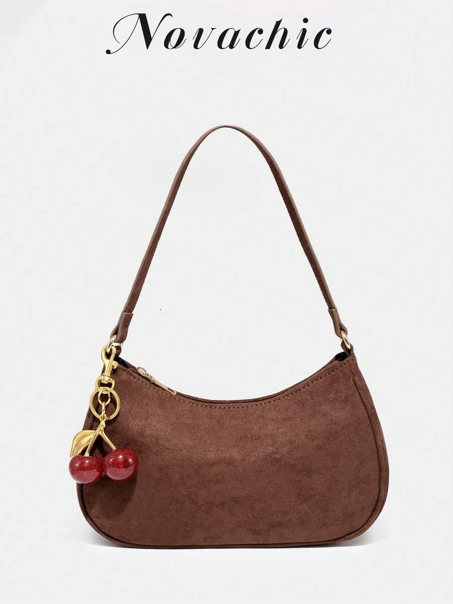 1 件 Novachic 柔软绒面短毛绒咖啡棕色可爱樱桃装饰简约单肩包，拉链开合，复古风格，腋下包，适合各种场合，秋冬 - 咖啡 - 查看 1