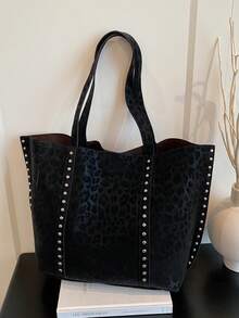 Geantă de umăr din piele PU cu imprimeu leopard pentru femei, nouă la modă, cu capacitate mare, decor cu nituri, stil vintage elegant, potrivită pentru întâlniri, cumpărături, naveta, versatilă - Negru - Vizualizare 3