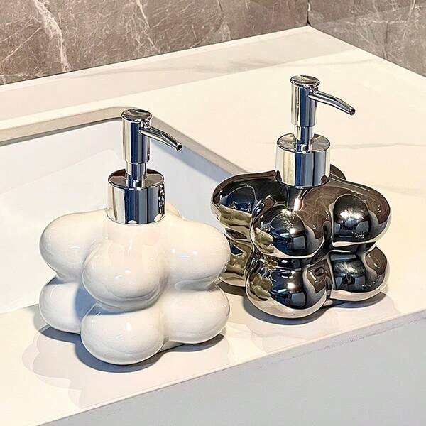 Premium Silver-Plated Matte Ceramic Pump Dispenser Bottle, Modern Bathroom Decor Bottle, Home Sink Liquid Soap Dispenser, Beauty Product Refillable Bottle For Public Restrooms, Hotels