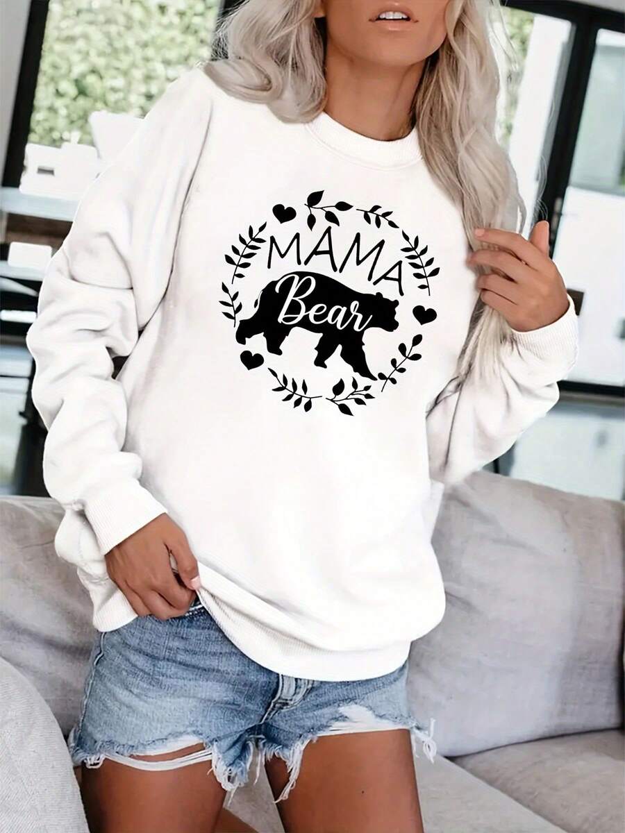 2025 New Women's Sweatshirt With Mama Bear Print, Casual, Long Sleeve And Round Neck, Loose And Comfortable Women's Clothing - 白色的 - 查看 1