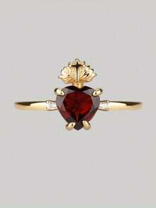 Elegant Minimalist Delicate Red Heart Crown Cocktail Ring For Women, Suitable For Daily Wear, Engagement, Party, Holiday Gift - Gold - View 1