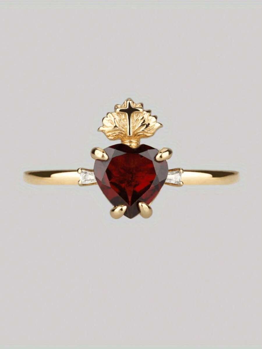 Elegant Minimalist Delicate Red Heart Crown Cocktail Ring For Women, Suitable For Daily Wear, Engagement, Party, Holiday Gift - Gold - View 1