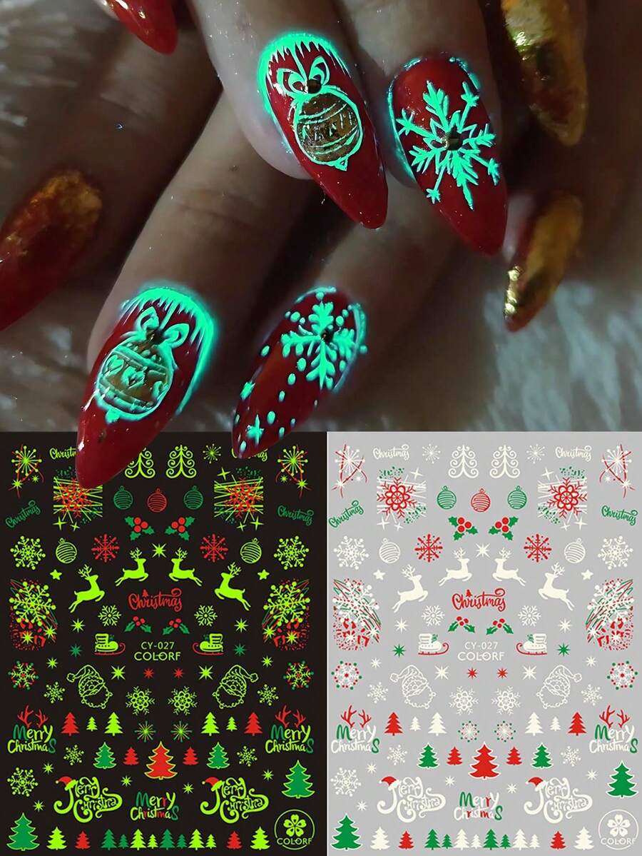 2pcs Glowing In Dark Christmas Nail Art Stickers Snowflakes Santa Claus Elk Christmas Tree Holly Y2K Nails Luminous Slider Xmas New Year Decoration Nail Supplies