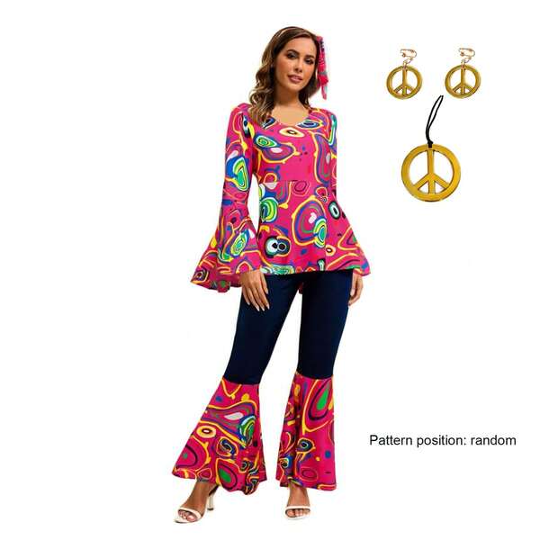 Conjunto retro hippie de los años 70 para niñas y mujeres (la posición del estampado es aleatoria) - Estilo sexy subversivo, atuendo de festival, regalo de vacaciones, atuendo para salir, ropa de fiesta, atuendo elegante, floral, atuendos para mujeres adultas, para vestirse en la fiesta de Navidad