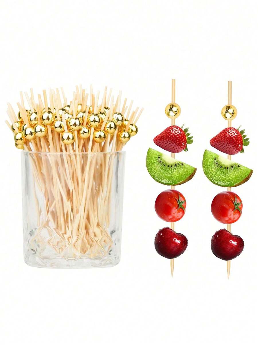 100pcs White Pearl Fruit Cake Disposable Fruit Picks, Pearl Cake Fruit Bamboo Skewers, Fruit Picks, Bamboo Skewers, Fruit Kebabs, Cake & Dessert Display Decor, Cocktail Decorative Bamboo Picks, Cake & Burger Art Forks - For Beverage Decoration, Desserts (Birthday, Wedding Party Supplies, Christmas Gifts) - Multicolor - View 1