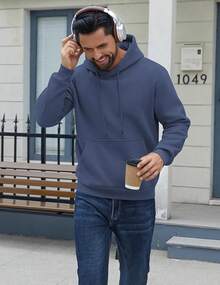 Men Cotton Fleece Hooded Sweatshirt Casual Long Sleeve Hoodies Pullover Fashion Drawstring Hoodie With Kanga Pocket - 藏蓝色 - 查看 2