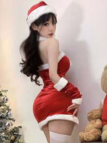 Women's Festive Santa Claus Cosplay Mini Dress Cold Shoulder Flared Hem And Slight Stretch Fabric Perfect For Holiday Events