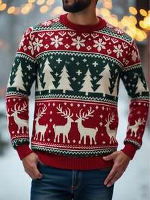 Men's Sweater American Street Style Snowflake Christmas Deer Retro Casual Loose Fit Holiday Festive Versatile Knit Pullover - Red - View 5