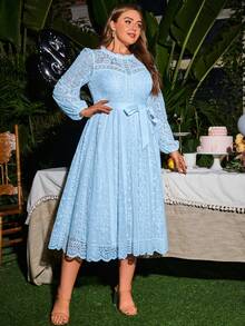 Simplee Đầm dài tay dáng chữ A ren cổ điển thanh lịch dành cho nữ cỡ lớn, thích hợp mặc mùa xuân/hè, có thắt eo, thích hợp dự tiệc hoặc đám cưới. - Màu xanh lam - Xem 7