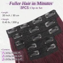 FESHFEN Clip-In Extensions, 50 Cm Wavy Clip-In Hair Extensions Blonde For Women, 5 Pieces, Natural Hair Extensions, Synthetic Hairpiece, Hair Extensions - Campuran Burgundy Gelap - View 2