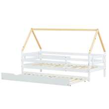 Letto a forma di casa sull'albero, divano letto, letto singolo, letto estraibile, letto scorrevole con base estraibile, legno massello, letto bianco, struttura color naturale (90x200 e 90x190CM)