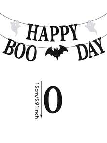 1pc Happy Boo Day Banner, Halloween Themed Pull Flag, Decoration For Halloween Party, Birthday, Baby Shower Party Background - Black and Silver - View 6
