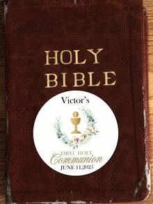 35Pcs Personalized Custom First Communion Stickers - Round (4x4cm) Customized Baptism And Naming Label Stickers. The Elegant Design (Chalice, Floral Patterns, Date/Name Personalization) Enhances The Gift Presentation. - Multicolor 3 - View 10