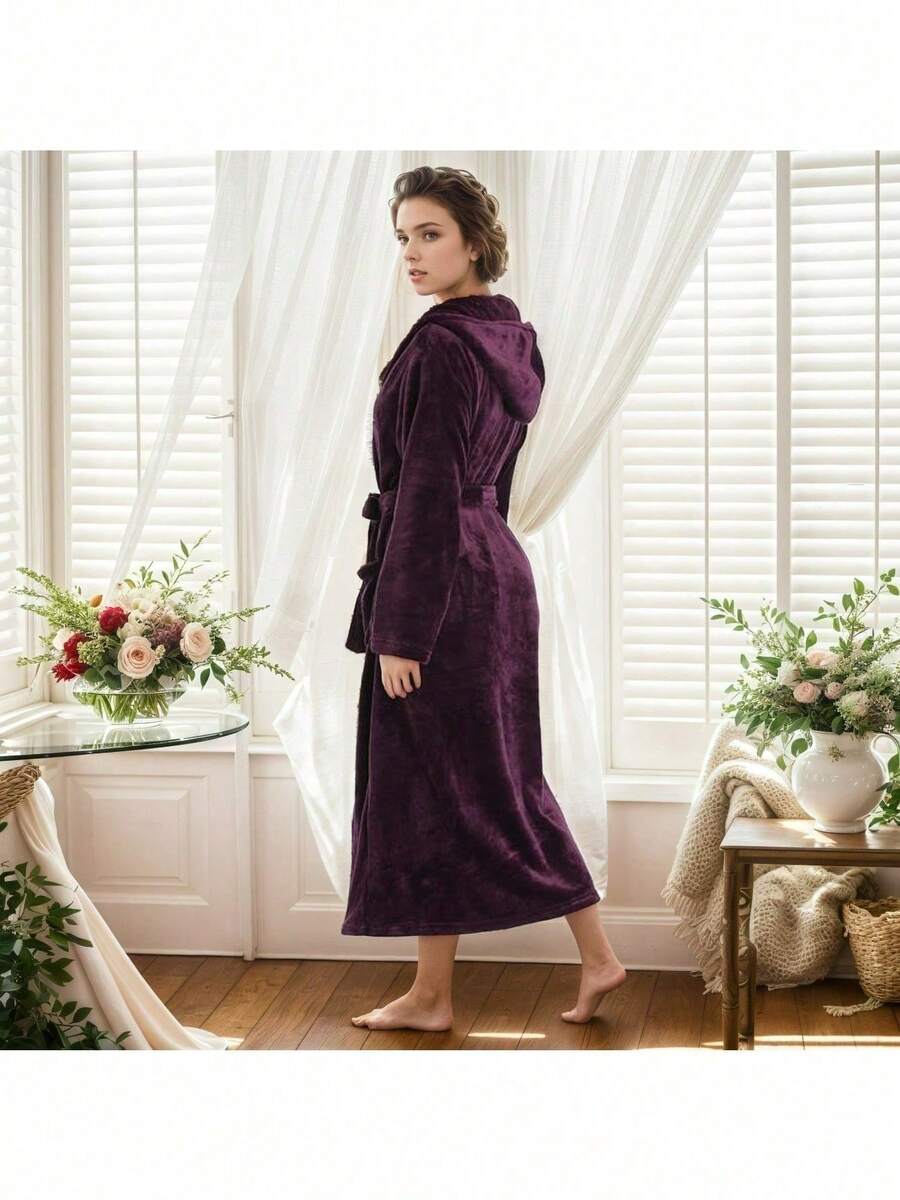 Flannel Plain Weave Hooded Bathrobe, Soft, Comfortable, And Warm Women's Nightgown, Short-Length Terry Cloth Shawl-Collar Bathrobe - Màu tím đậm - Xem 1