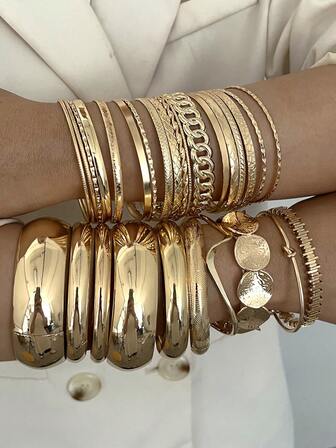 25/23/13/10/5pcs Chunky Bangle Bracelets Set, Vintage Elegant Sophisticated Fashion Minimalist Geometric Textured Wavy Twisted Asymmetrical Shapes Smooth Plain Oversized Cuff Bracelet Stacking Set, Holiday Party Date Gift Daily Wear