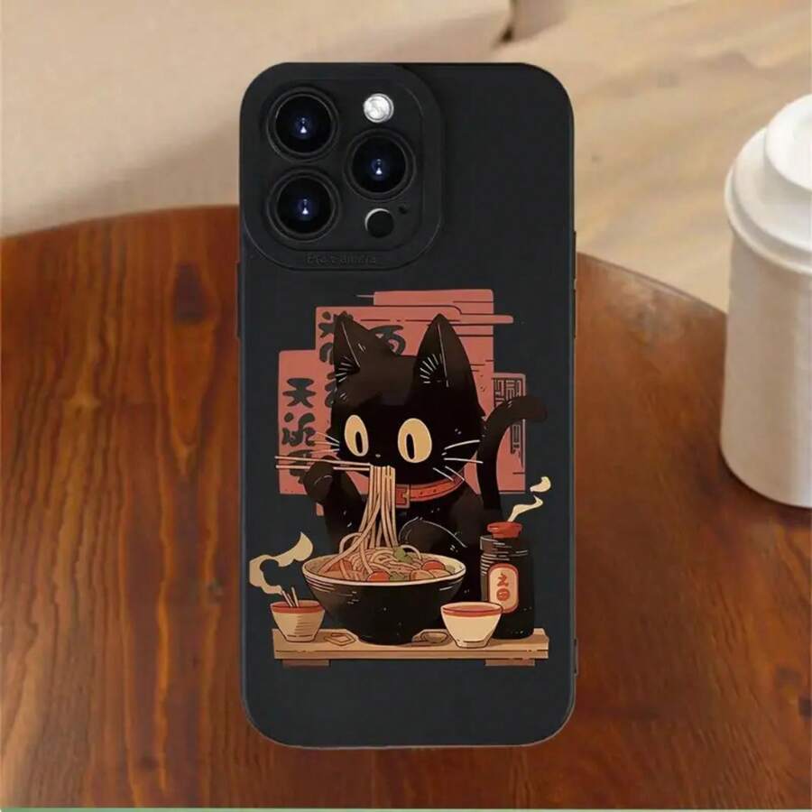 1 Piece Fun Design Cat Eating Noodles Pattern TPU Eye Protection Phone Case, Compatible With IPhone 11 12 13 14 15 16 XS XR X 7 8 12 13 Plus Pro Max SE Series, Suitable As A Gift For Girlfriend, Boyfriend, Friend Or Yourself - 混合顏色 1 - 查看 1