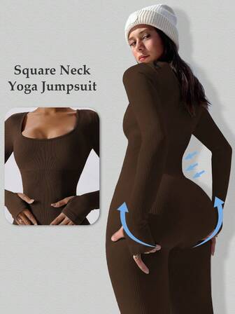 Yefecy Women's Ribbed Long Sleeve Jumpsuit - Solid Color Tight-Fitting Romper For Yoga And Workout,Seamless