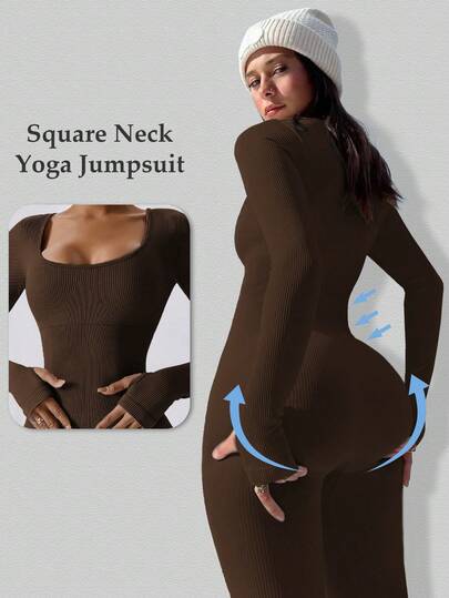 Yefecy Women's Ribbed Long Sleeve Jumpsuit - Solid Color Tight-Fitting Romper For Yoga And Workout,Seamless