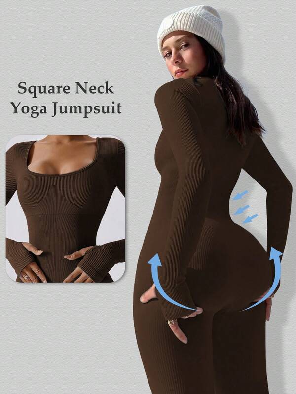 Yefecy Tuta a maniche lunghe a costine da donna - Tuta aderente monocolore per yoga e allenamento, senza cuciture