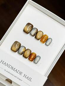 10片手工假指甲，秋冬猫眼渐变琥珀色设计，短款方形美甲按压式指甲，美甲用品，手工按压式指甲 - 咖啡棕 - 查看 2