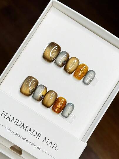 10片手工假指甲，秋冬猫眼渐变琥珀色设计，短款方形美甲按压式指甲，美甲用品，手工按压式指甲