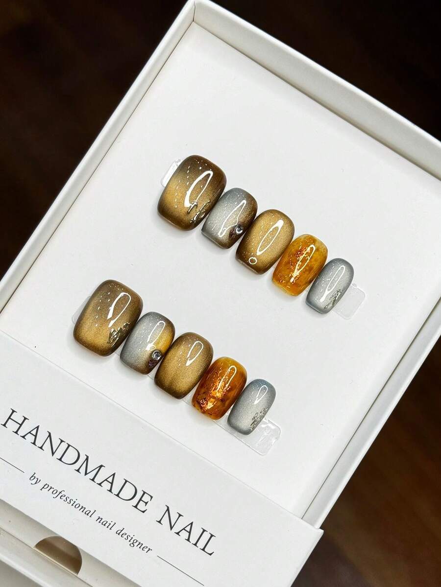 10片手工假指甲，秋冬猫眼渐变琥珀色设计，短款方形美甲按压式指甲，美甲用品，手工按压式指甲