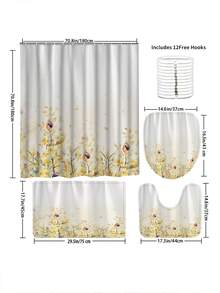 4 piezas Juego de baño con estampado floral amarillo, incluye alfombra antideslizante, tapa de inodoro, tapete de baño, cortina de ducha impermeable con 12 ganchos de plástico, decoración de baño, decoración del hogar, decoración navideña