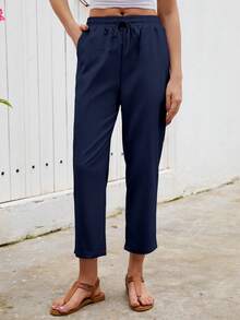 Calça Capri Azul Marinho Plissada com Cintura Elástica e Cordão, Tecido Sólido, Casual, Uso Versátil na Primavera/Verão, Ajuste Slim - Azul Marinho - Visão 2