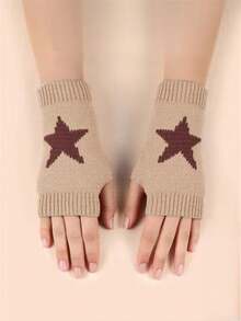 1双儿童针织露指星星手套，温暖，适合3-8岁学生，秋冬季 - 卡其色 - 查看 1