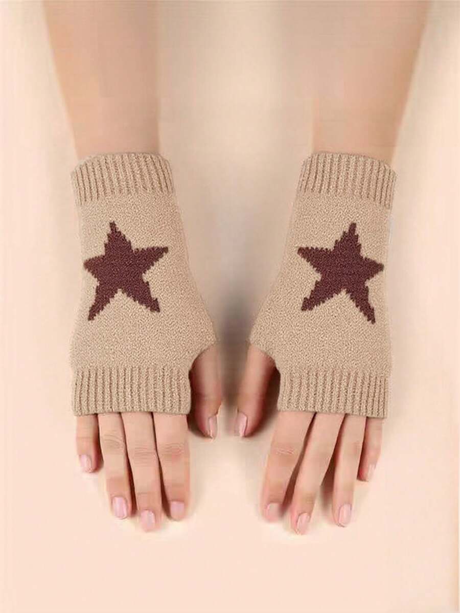 1双儿童针织露指星星手套，温暖，适合3-8岁学生，秋冬季 - 卡其色 - 查看 1