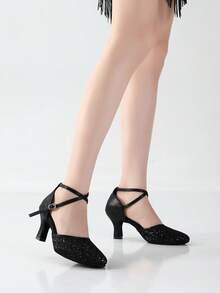 Damen Schwarze Ballroom Tanzschuhe 7cm Latein Tanzabsätze mit Mesh-Obermaterial, Knöchelriemen geschlossene Zehenpartie, weiche Sohle Tanzschuh für Training Aufführung Tango Salsa ChaCha Flamenco - Schwarz - Übersicht 4