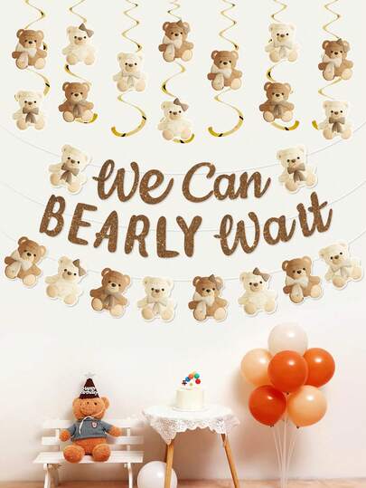 三层棕熊生日横幅花环，螺旋悬挂式，棕熊主题生日快乐派对房间墙面背景装饰，“我们迫不及待”，生日礼物，摄影道具，婴儿派对装饰