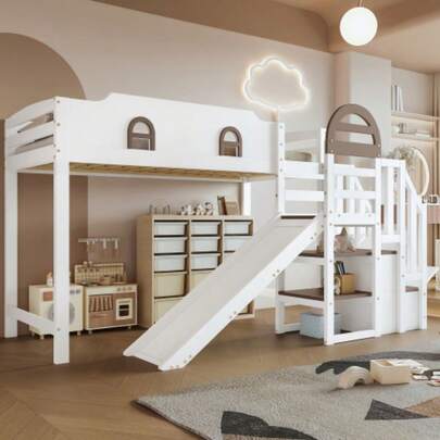 Bunk Bed With Window, Slide, Stairs With Handrail, 2 Lockers In The Stairs, Flexible Design, Plenty Of Storage Space, Pine + MDF, White + Brown, 90 X 200 Cm