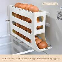4 Tiers Egg Holder For Refrigerator - Auto Rolling Organizer, Space-Saving Dispenser, 30 Eggs Large Capacity Rack (White), - 白色 - 查看 7