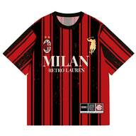 Men's Sports Wear, Milan Series Red & Black Contrast Color Sports T-Shirt, Red & Black Striped Short Sleeve T-Shirt, Men's Loose Football Culture Style Top, CANADIAN PROJECT COLLECTION Series Classic Vertical Stripe Design, Polo Logo Embroidery, Multi-Brand Logo Patchwork, Retro Sports Style Streetwear Suitable For Football Fans