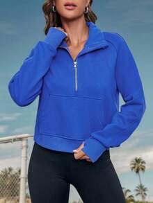 Fisoew Women's Half Zip Crop Sweatshirt - Fleece Lined Pullover With Funnel Neck & Thumb Holes | Athleisure 2024 Y2K Streetwear Long Sleeve Zip Up Top Winter Casual Outfit Cozy Season Essentials - Màu xanh lam - Xem 1