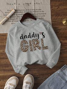 1pc Valentine's Day Girls Casual "DADDY'S GIRL" Print Crew Neck Sweatshirt, Autumn/Winter Student Young Children Long Sleeve Top - Leopard Print Fashionable And Cool, Suitable For Young Trendsetters - Grey - View 2