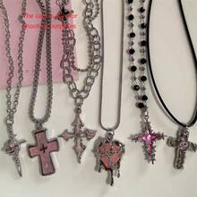 Gothic Y2K Pink Cross Heart Pendant Rope Chain Necklace For Women Fashion Hip Hop Rave Gift Jewelry Accessories - Pink - View 14