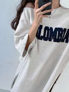 Letter Print Oblique Shoulder Sleeveless Long Loose Casual Zip-Up T-Shirt For Women - Light Grey - View 3