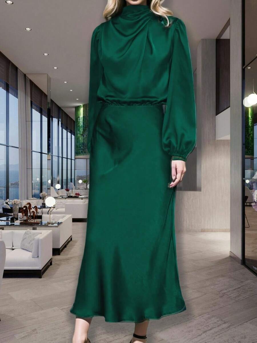Elegant Fall Satin Mock Neck Dress For Women Long Sleeve Wedding Guest Midi Elastic High Waist Party Formal Dresses - 墨綠色 - 查看 1