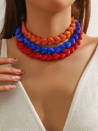 1 pieza Collar de resina con cuentas de corazón geométrico de estilo bohemio, joyería hecha a mano como regalo para mujeres, para uso diario