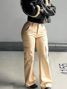 Pantalones cargo de tiro alto en color caqui, diseño de múltiples bolsillos, tejido suave y elástico, versátiles para looks casuales y a la moda. - Caqui - Ver 2