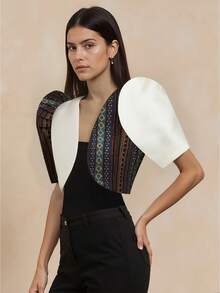 Amyenjoylife Modern Philippine Style Summer Elegant Puff Sleeve Splice Cardigan Top Bolero Philippine Women Clothing, Champagne Top - Champagne - View 5