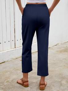 Calça Capri Azul Marinho Plissada com Cintura Elástica e Cordão, Tecido Sólido, Casual, Uso Versátil na Primavera/Verão, Ajuste Slim - Azul Marinho - Visão 5