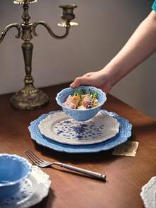 1 件原创蓝白浮雕纹理陶瓷餐具套装，创意厨房餐具，汤碗，面碗，独特设计盘子，牛排盘，沙拉盘，厨房用品，餐厅盘子 - 彩色 - 查看 4