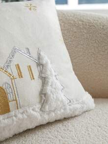 1 pieza Funda de cojín bordada con árbol de Navidad y casa en dorado y plateado, adecuada para decoración interior, funda de cojín decorativa navideña, sin incluir el relleno del cojín